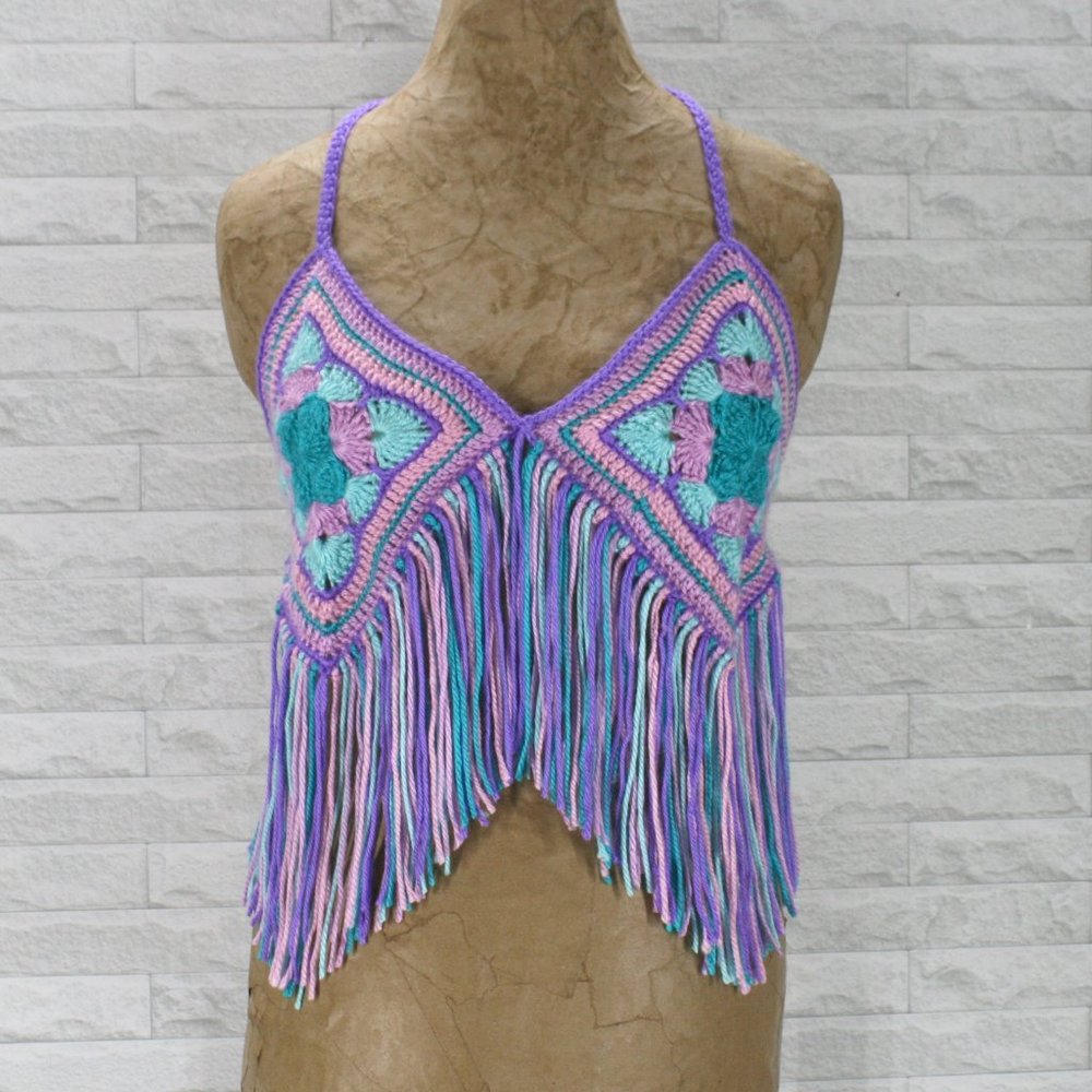HAND CRAFTED Crop Top Crochet Halter Bikini Fringe Granny Squares Colorful